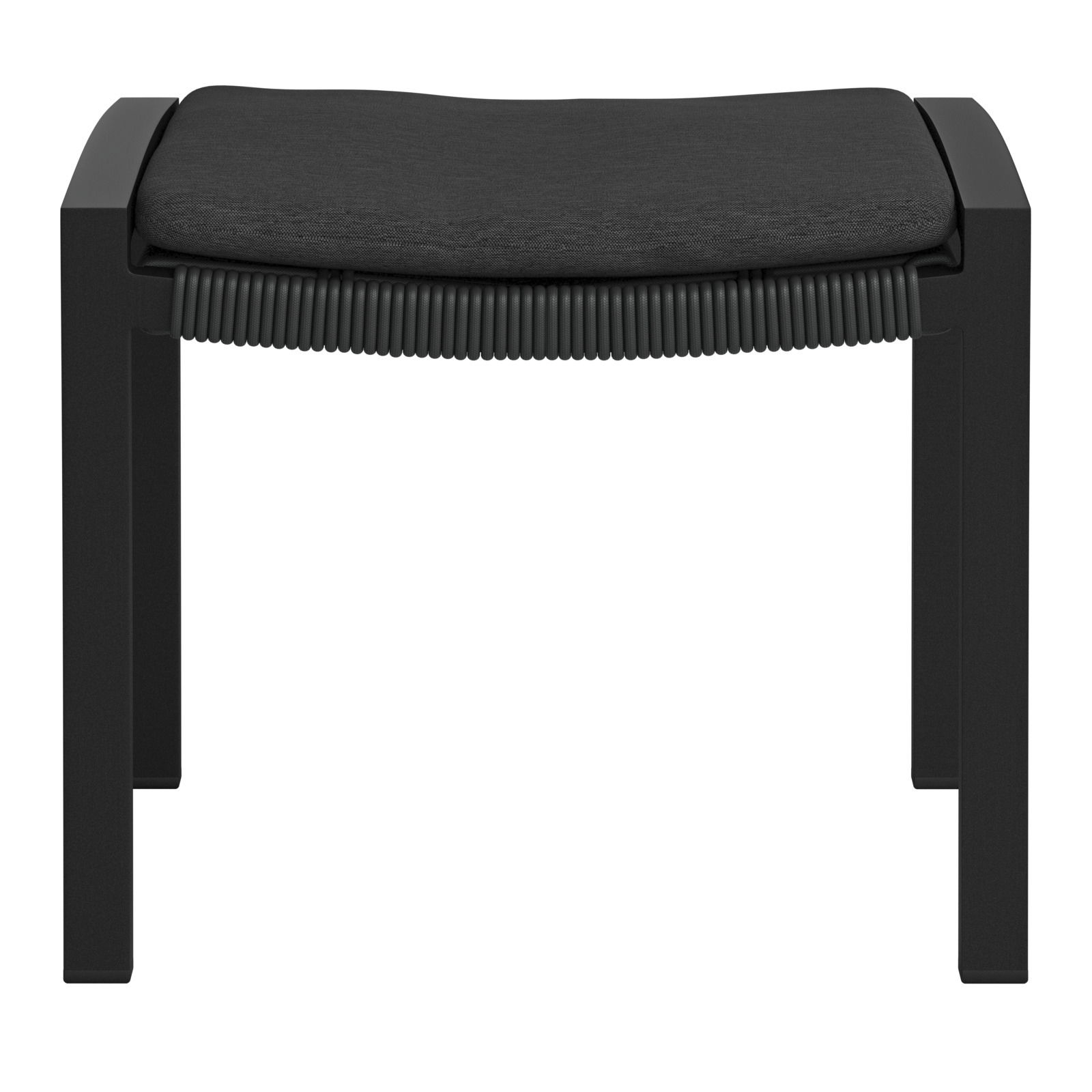 Moderner schwarzer Hocker mit gepolsterter Sitzfläche, Vorderansicht.