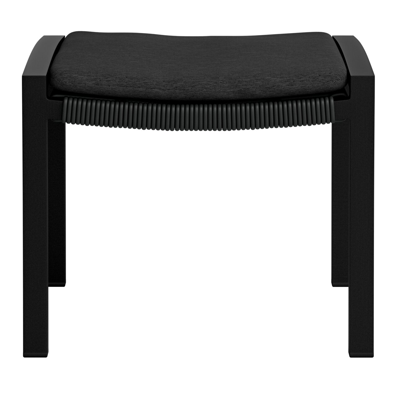 Moderner schwarzer Hocker mit gepolsterter Sitzfläche, Vorderansicht.