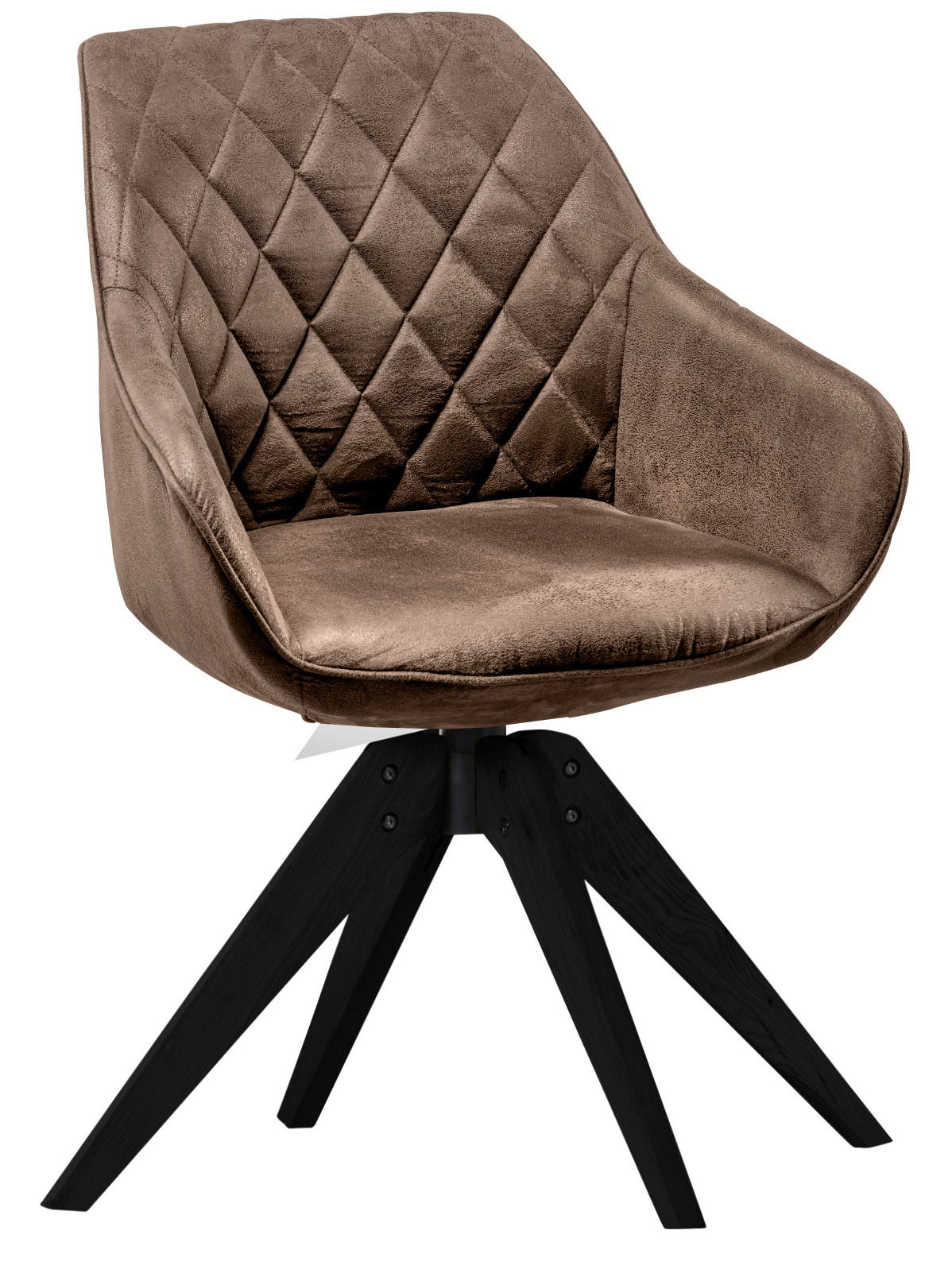 Moderner brauner Stuhl mit gesteppter Rückenlehne und schwarzem Holzgestell, seitliche Perspektive