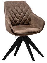 Moderner brauner Stuhl mit gesteppter Rückenlehne und schwarzem Holzgestell, seitliche Perspektive