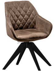 Moderner brauner Stuhl mit gesteppter Rückenlehne und schwarzem Holzgestell, seitliche Perspektive