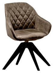 Moderner brauner Stuhl mit gesteppter Rückenlehne und schwarzem Holzgestell, seitliche Perspektive