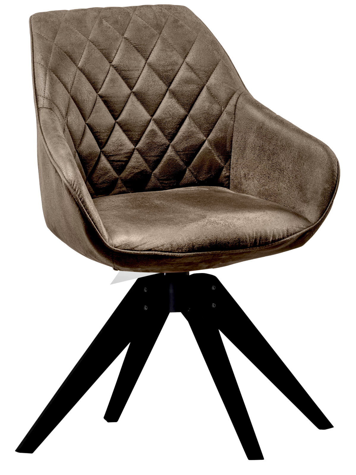 Moderner brauner Stuhl mit gesteppter Rückenlehne und schwarzem Holzgestell, seitliche Perspektive