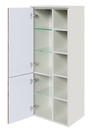 Weißer Midischrank mit geöffneten Türen, Glasböden und mehreren Fächern, Frontalansicht