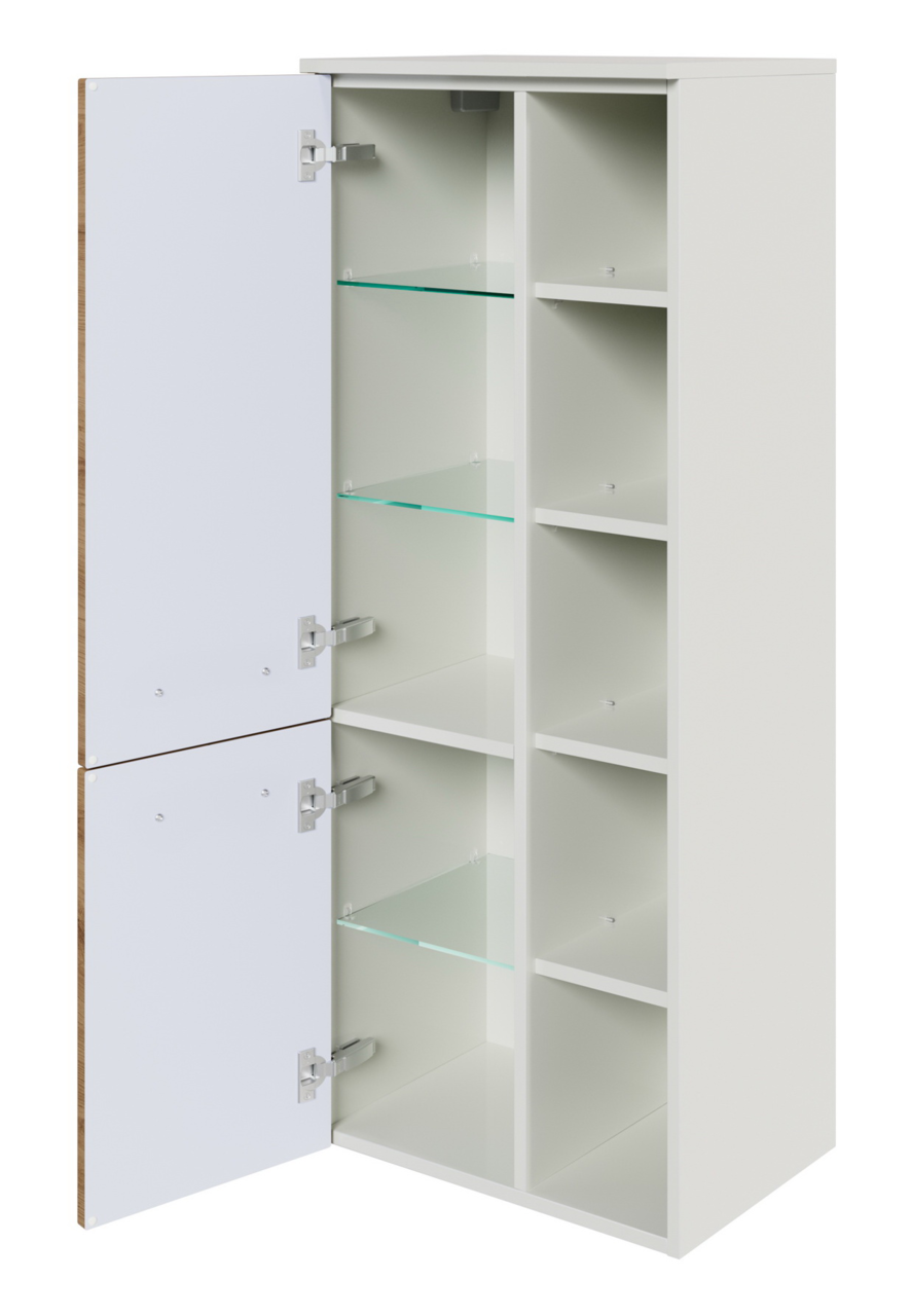 Weißer Midischrank mit geöffneten Türen, Glasböden und mehreren Fächern, Frontalansicht