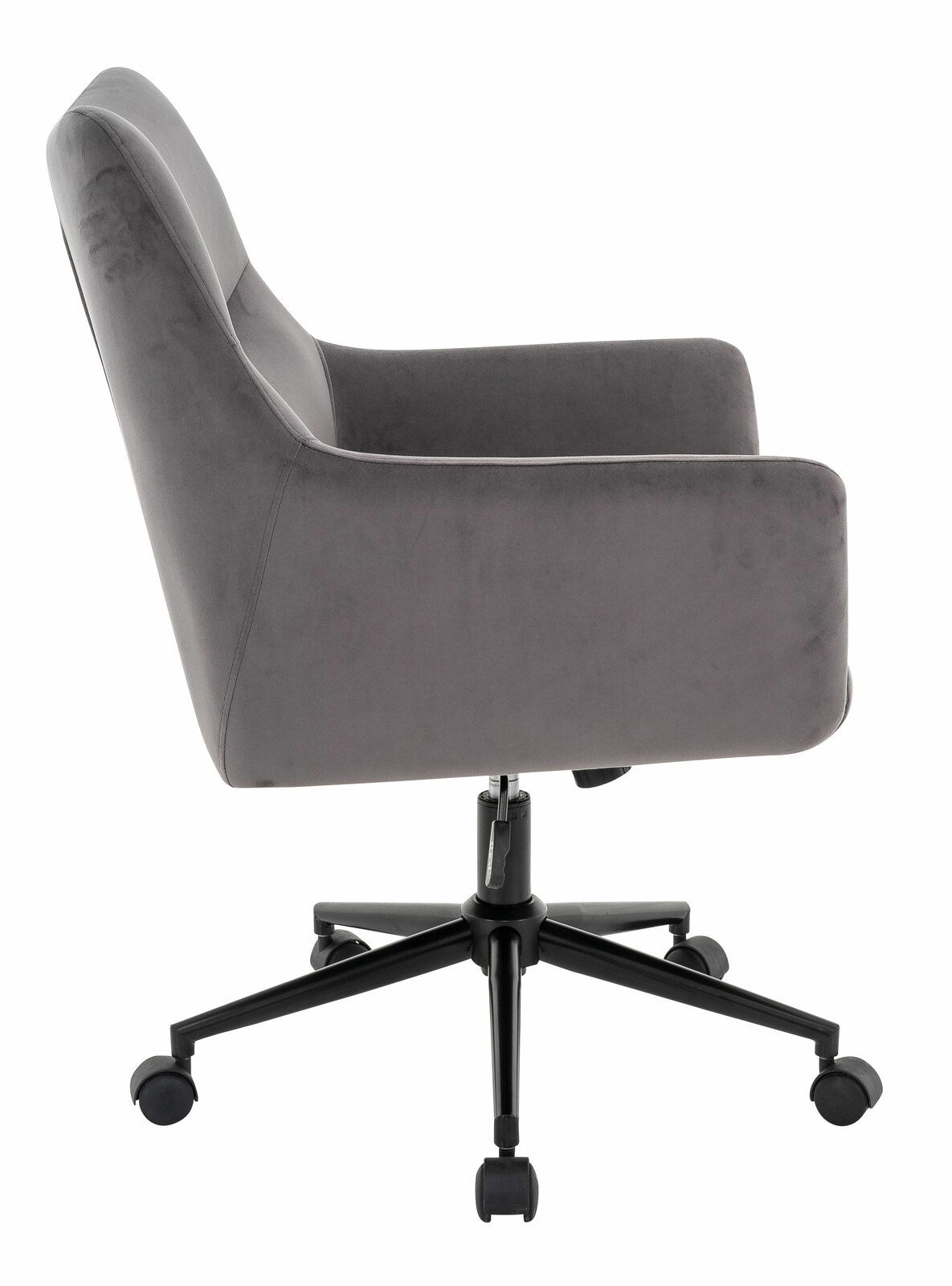 Grauer Drehstuhl mit Armlehnen, Seitenansicht