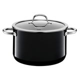 Schwarzer Kochtopf mit Deckel und zwei Griffen, Ansicht von vorne