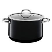 Schwarzer Kochtopf mit Deckel und zwei Griffen, Ansicht von vorne