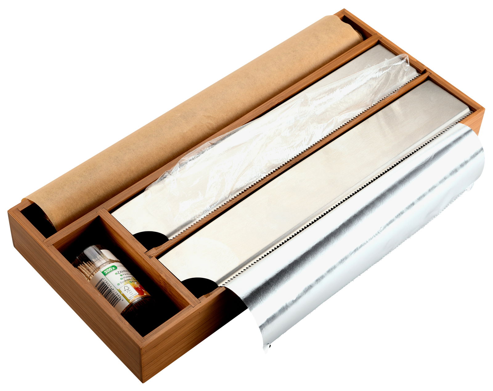 Folienspender aus Holz mit drei Rollen: Alufolie, Frischhaltefolie und Backpapier, sowie einem Fach für Zahnstocher, aus der Vogelperspektive.