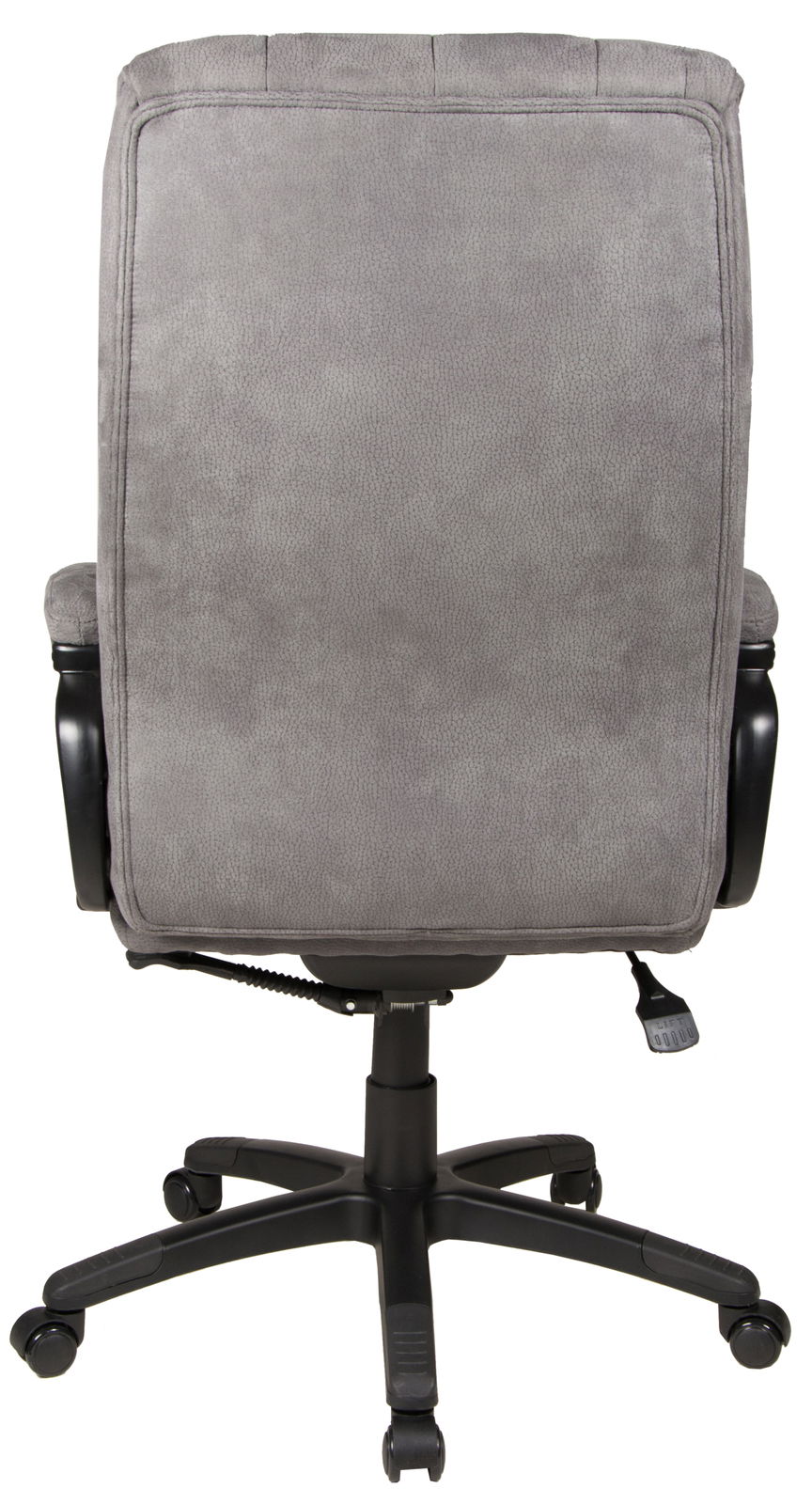 Rückansicht eines grauen Chefsessels mit schwarzem Fußkreuz und Rollen.