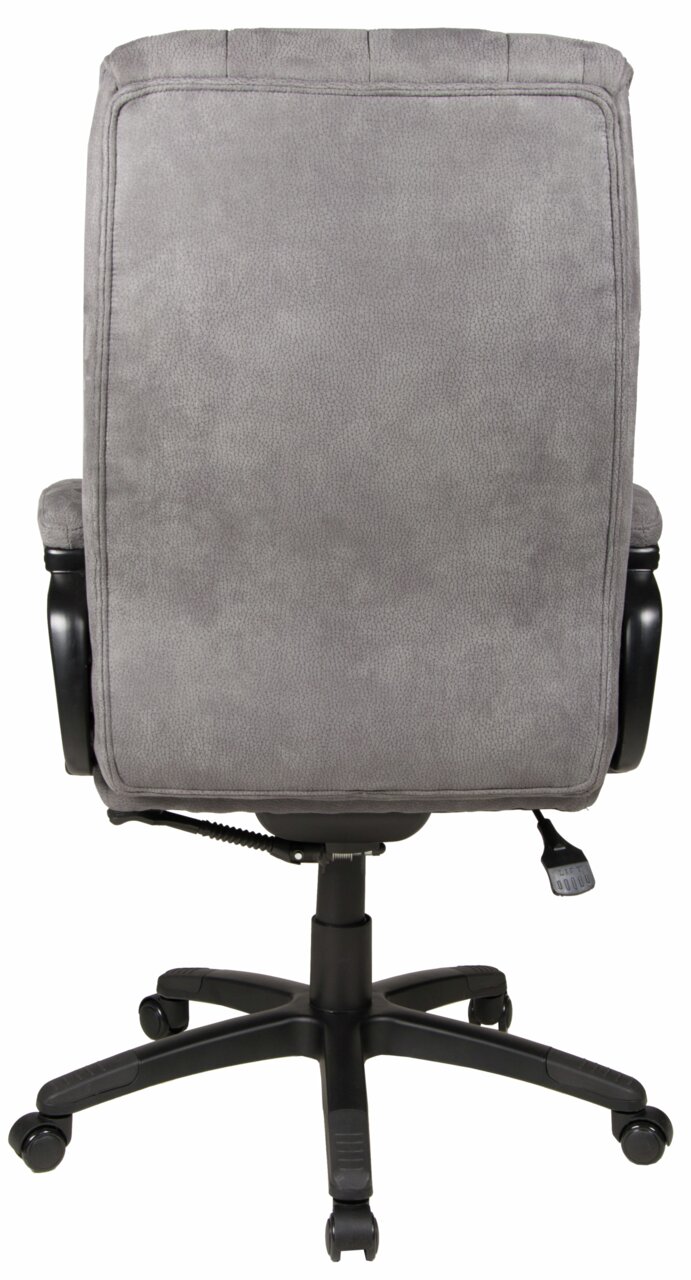 Rückansicht eines grauen Chefsessels mit schwarzem Fußkreuz und Rollen.