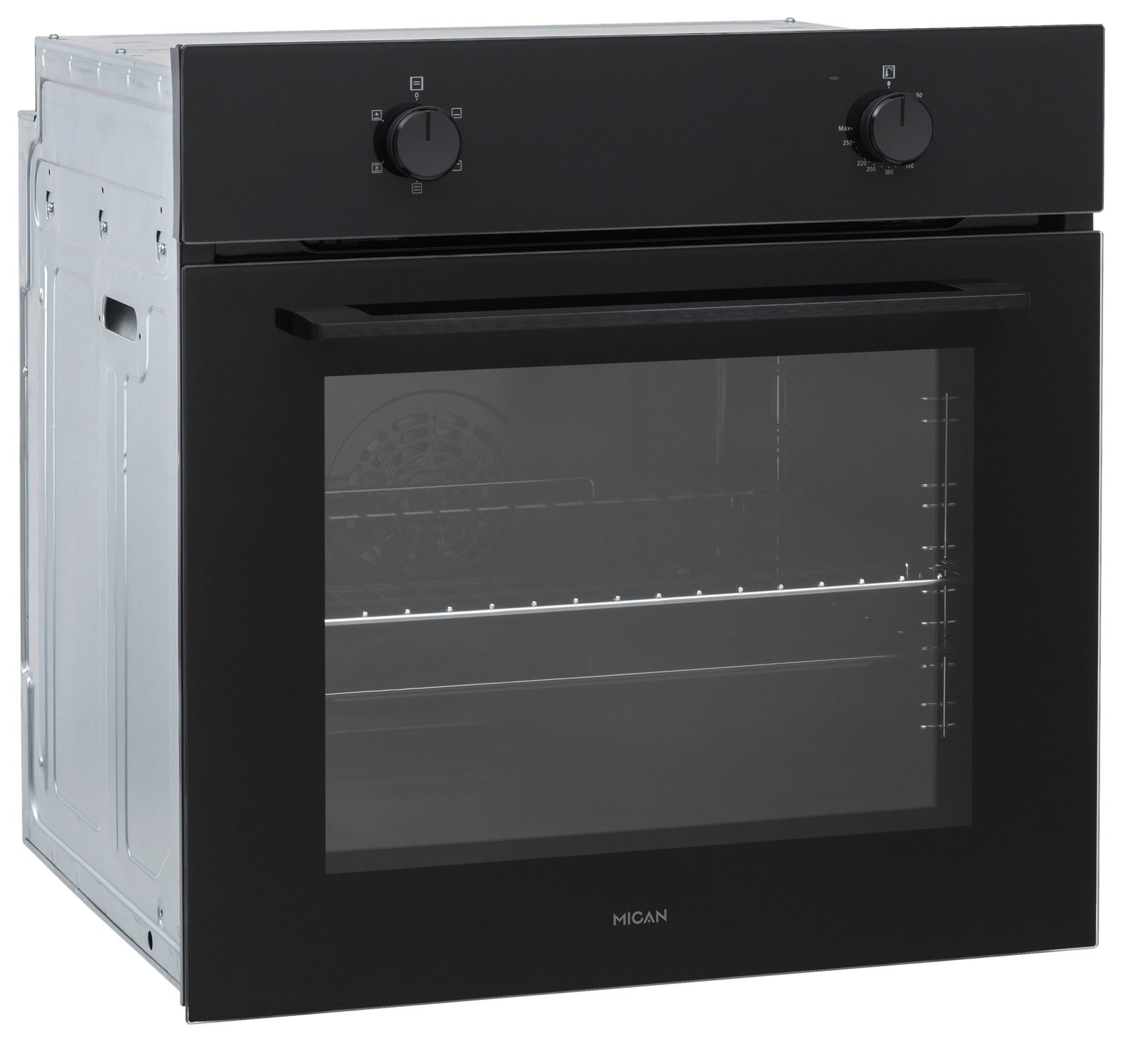 Mican Einbaubackofen BOAUS65 Ein moderner Einbaubackofen in schwarzem Design, seitliche Perspektive.