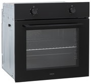 Ein moderner Einbaubackofen in schwarzem Design, seitliche Perspektive.