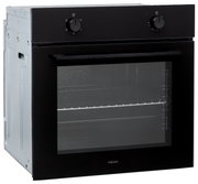 Ein moderner Einbaubackofen in schwarzem Design, seitliche Perspektive.