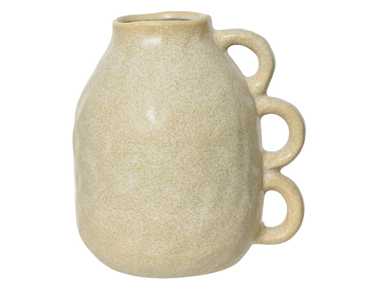 Beige Vase mit drei seitlichen Griffen, seitliche Perspektive