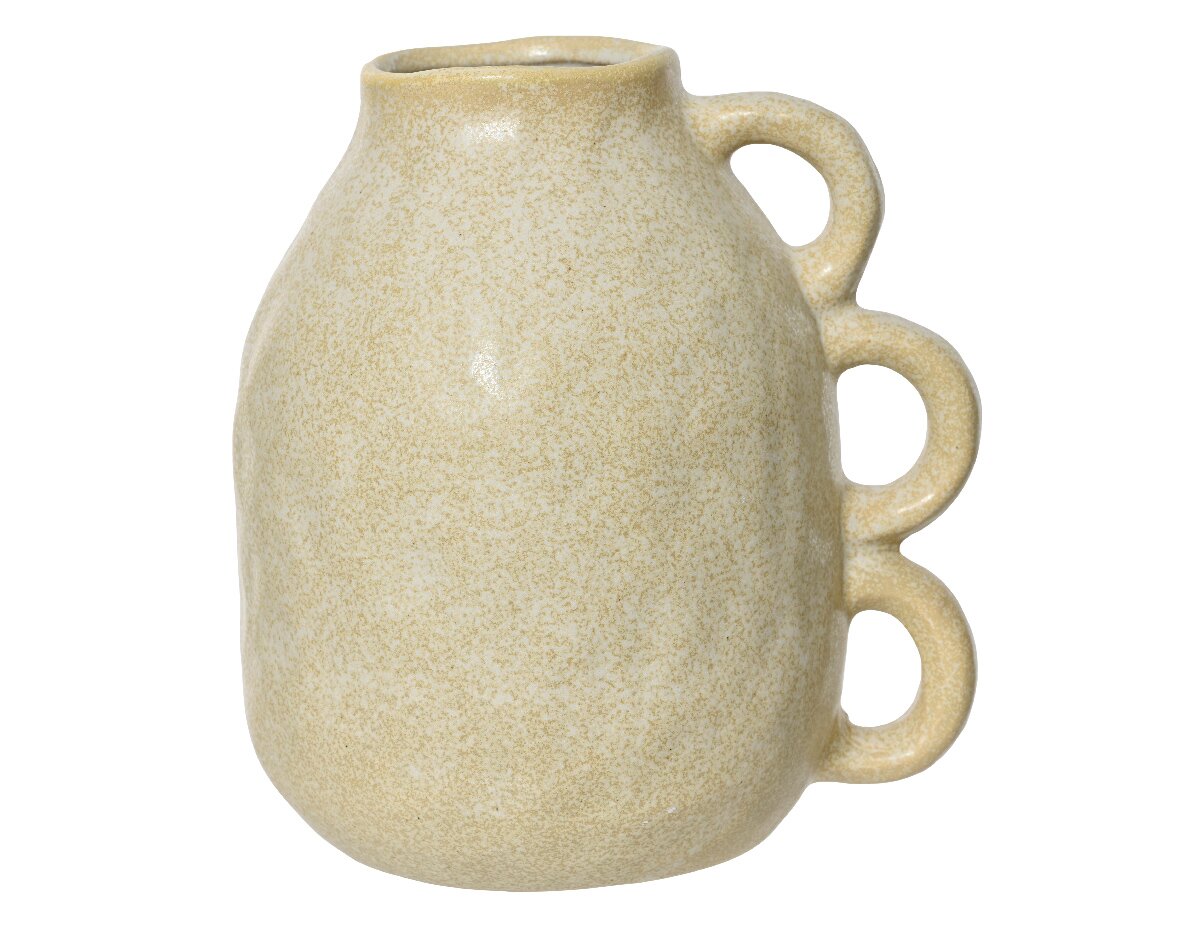 Beige vaas met drie handvatten aan de zijkant, zijaanzicht