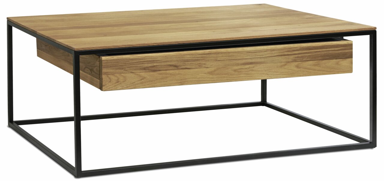 Moderner Couchtisch aus Holz mit schwarzem Metallrahmen, seitliche Perspektive