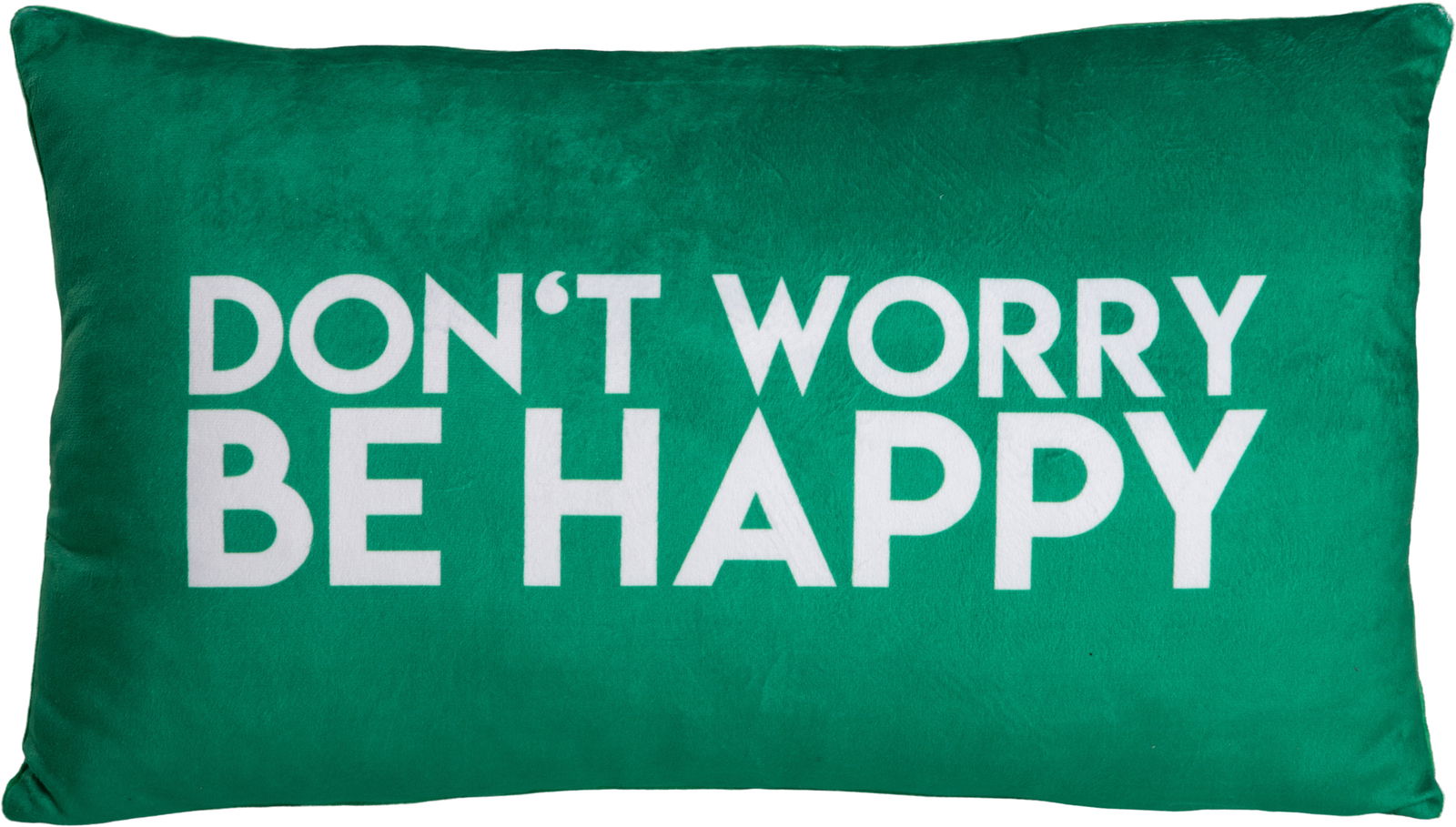Grünes Dekokissen mit dem weißen Schriftzug 'DON'T WORRY BE HAPPY', frontal fotografiert.