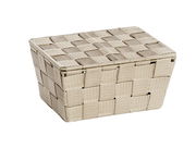 Geflochtener Badkorb mit Deckel in Beige, seitliche Perspektive