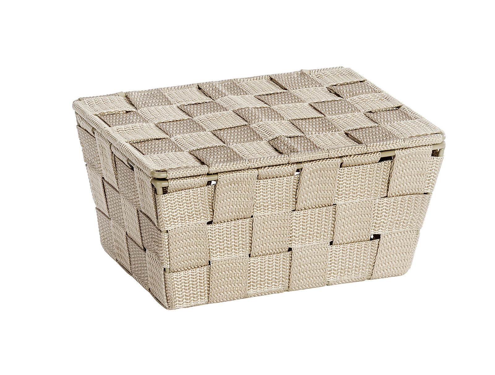 Geflochtener Badkorb mit Deckel in Beige, seitliche Perspektive