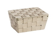 Geflochtener Badkorb mit Deckel in Beige, seitliche Perspektive