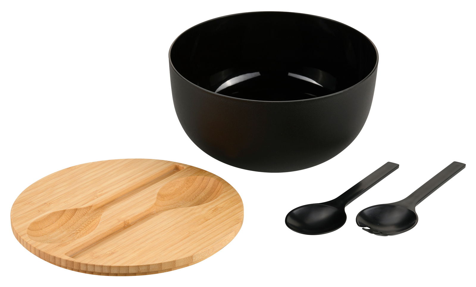 Schwarze Salatschale aus Bambus mit passendem Deckel und zwei schwarzen Löffeln, aus der Vogelperspektive fotografiert.