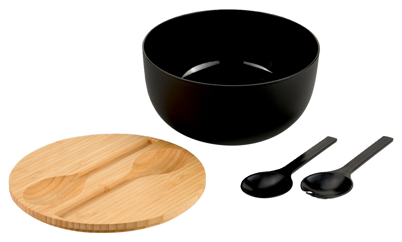 Kesper Salatschale Schwarze Salatschale aus Bambus mit passendem Deckel und zwei schwarzen Löffeln, aus der Vogelperspektive fotografiert.