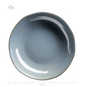 Runder, blau glasierter Keramik-Speiseteller mit braun abgesetztem Rand, ca. 21 cm Durchmesser, Ansicht von oben (Draufsicht) vor weißem Hintergrund; 4er-Set