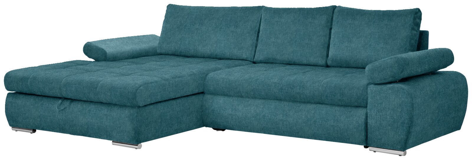Ecksofa in türkis mit Ottomane links, Perspektive von vorne rechts