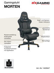 Gamingstuhl MORTEN in Frontalansicht mit Kopf- und Nackenkissen, gepolsterten Armlehnen, stufenweise verstellbarer Rückenlehne, höhenverstellbarem Sitz, Wippfunktion, Beinauflage und schwarzem Kunststoff-Fußgestell mit Applikationen.