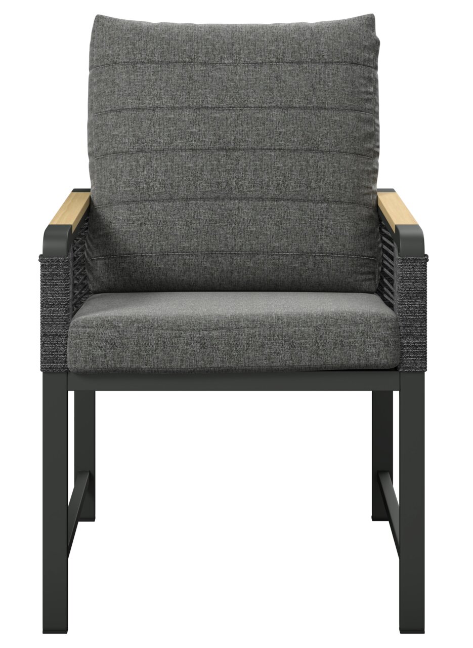 Moderner Gartenstuhl mit grauem Polster und Armlehnen aus Holz, Frontalansicht.