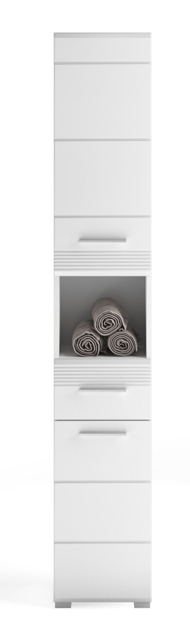 Hochschrank der Badkombination LINUS in Weiß, frontal abgebildet mit mehreren Schubladen und einem offenen Fach mit gerollten Handtüchern.