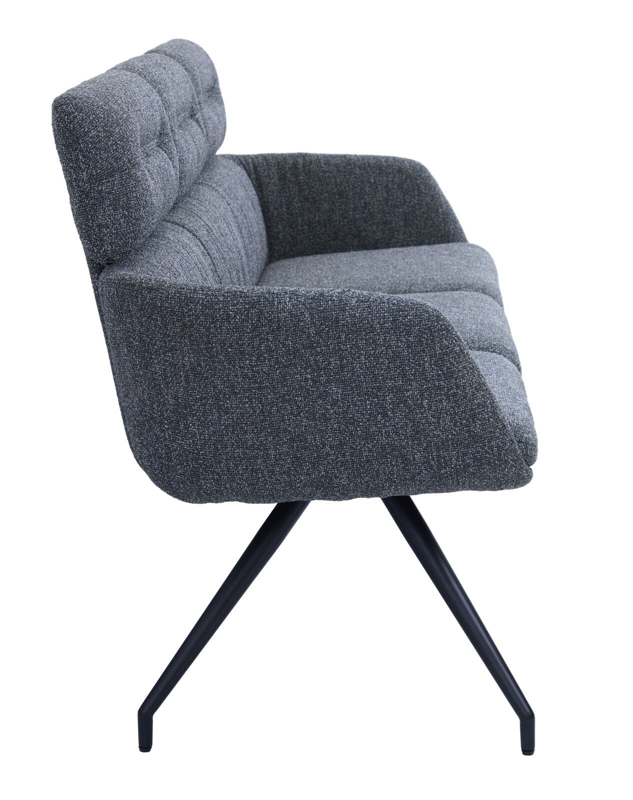 Graue Sitzbank mit gepolsterter Rückenlehne und Armlehnen, seitliche Perspektive