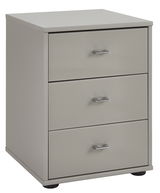 Graue Nachtkonsole mit drei Schubladen und silbernen Griffen, seitliche Perspektive