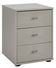 Graue Nachtkonsole mit drei Schubladen und silbernen Griffen, seitliche Perspektive