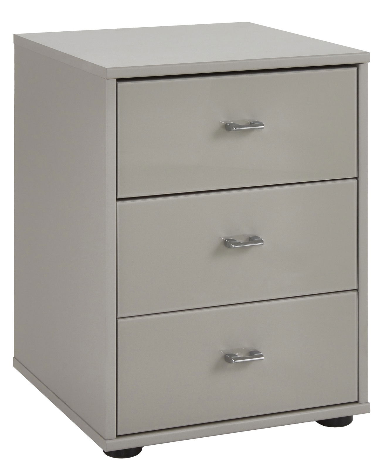 Graue Nachtkonsole mit drei Schubladen und silbernen Griffen, seitliche Perspektive