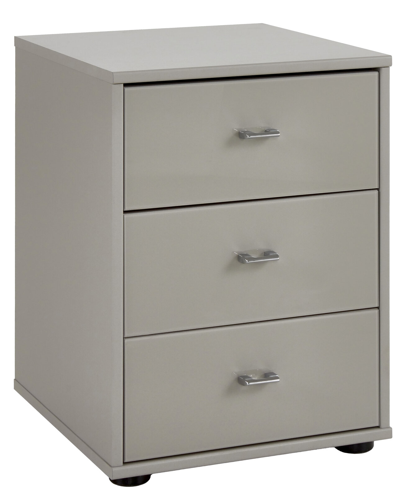 Graue Nachtkonsole mit drei Schubladen und silbernen Griffen, seitliche Perspektive