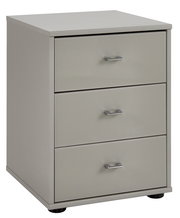 Graue Nachtkonsole mit drei Schubladen und silbernen Griffen, seitliche Perspektive