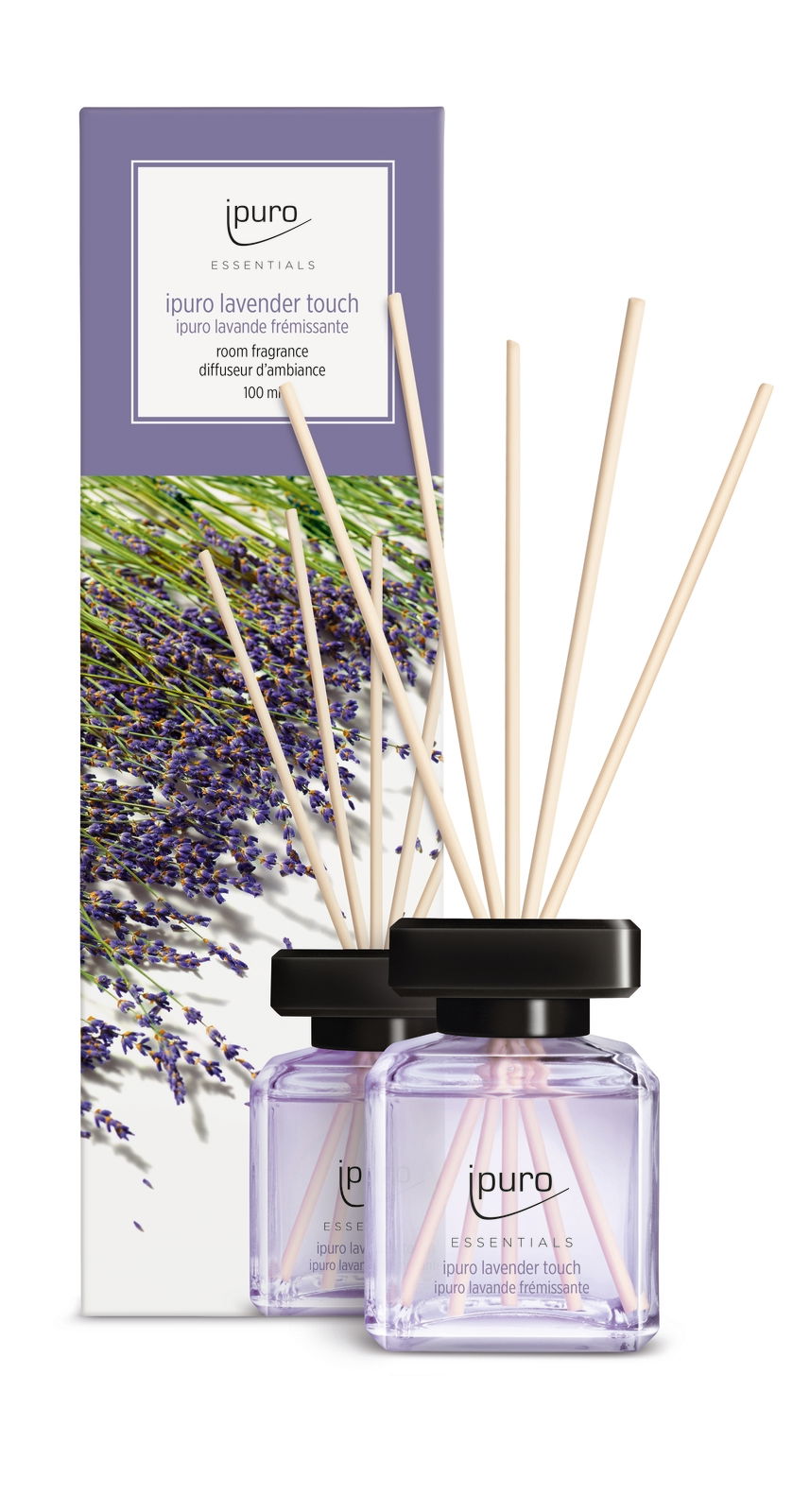Lavendel Raumduft mit Stäbchen in einer eleganten Glasflasche, Vorderansicht