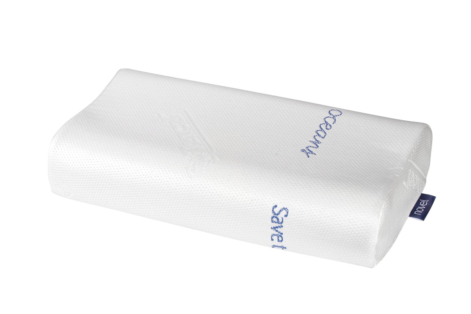 Nackenstützkissen 62 x 32 cm in seitlicher Perspektive, weiß mit blauer Schrift