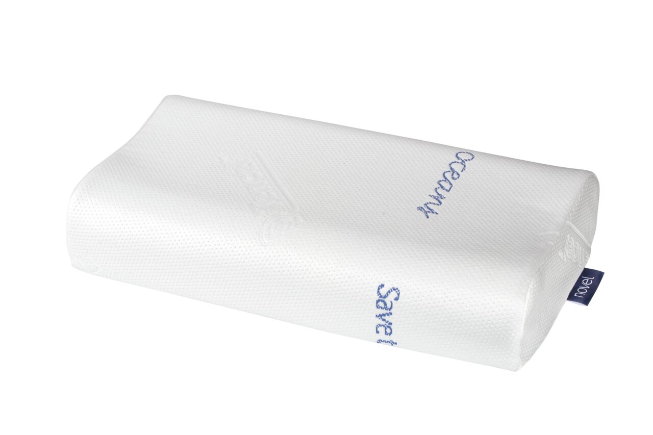 Nackenstützkissen 62 x 32 cm in seitlicher Perspektive, weiß mit blauer Schrift