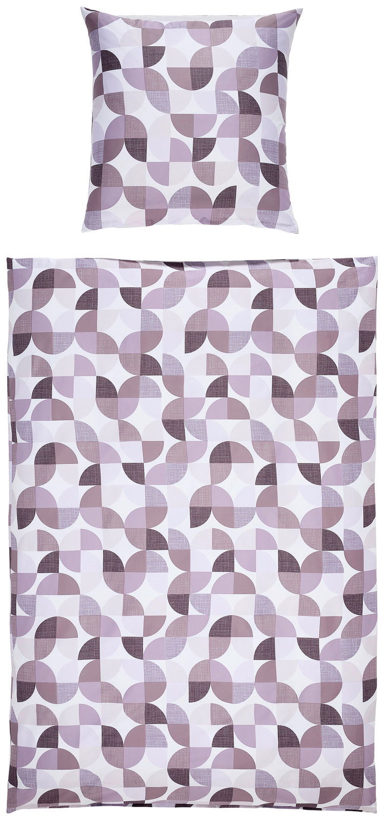 Bettwäsche-Set mit geometrischem Muster in Lila- und Weißtönen, bestehend aus einem Kissenbezug und einem Bettdeckenbezug, aus der Vogelperspektive fotografiert.