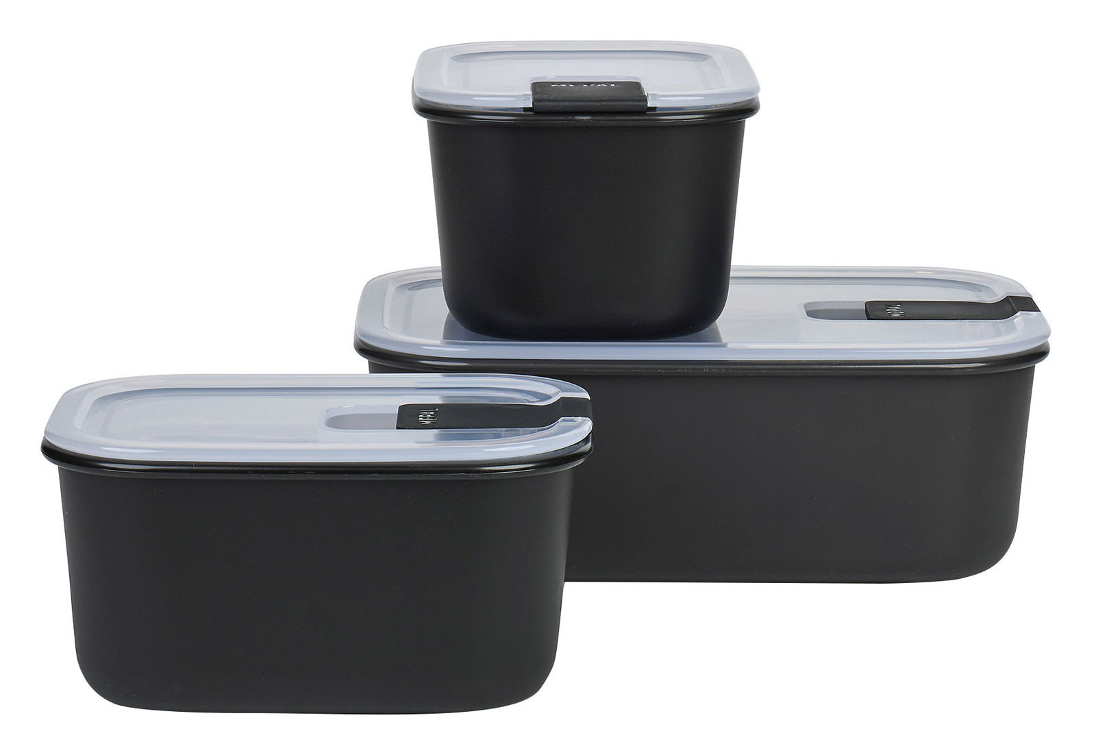 Mepal Frischhaltedosen-Set 3-tlg. EASYCLIP Drei schwarze Aufbewahrungsboxen mit transparenten Deckeln, gestapelt in einer leicht seitlichen Perspektive.