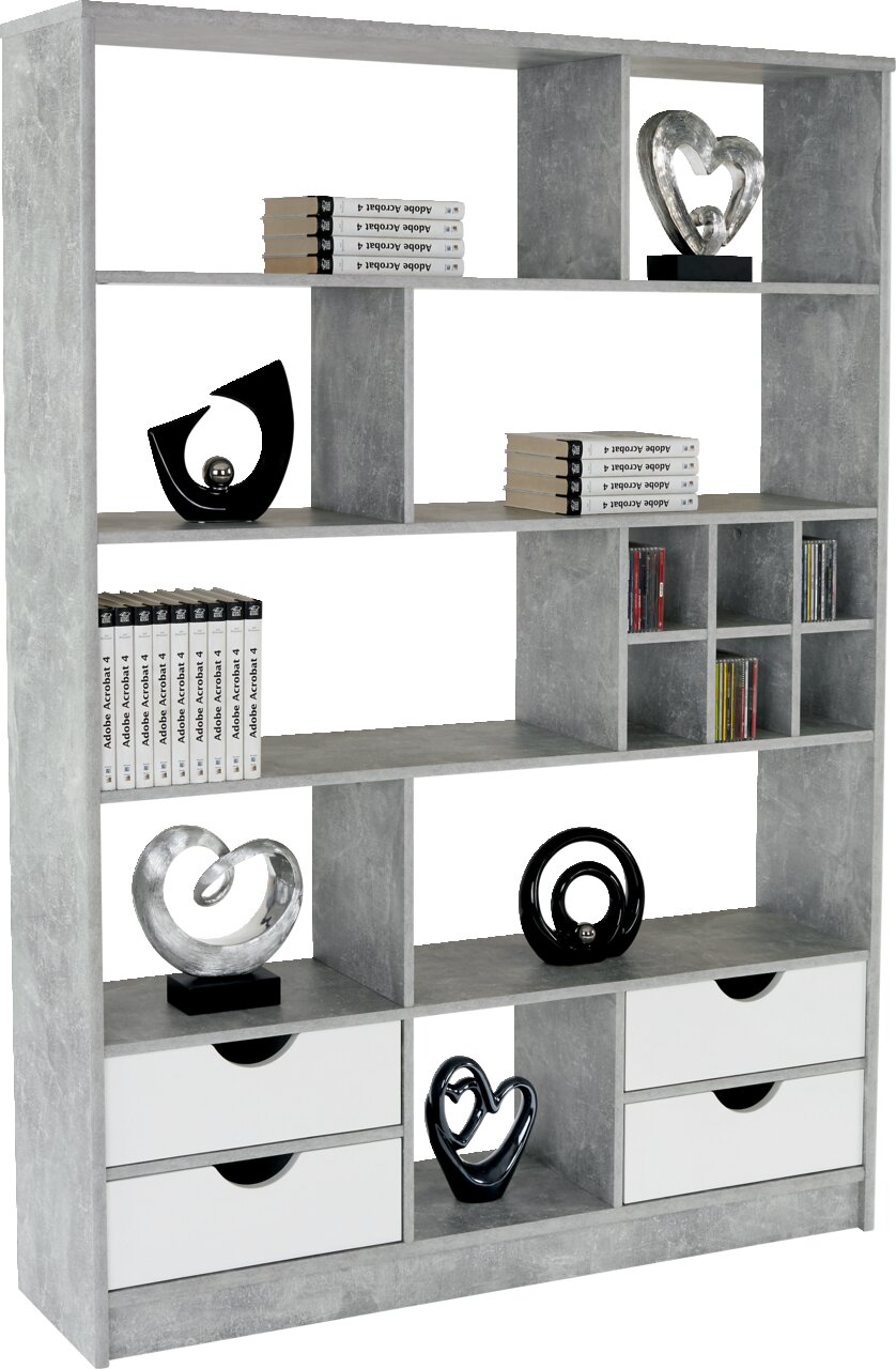 Grauer Raumteiler mit mehreren Fächern und Schubladen, dekoriert mit Büchern und Skulpturen. Frontalansicht.