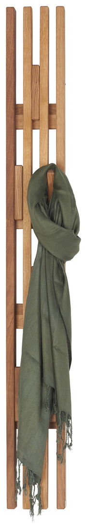 Schmales Garderobenpaneel aus Holz mit vertikalen Leisten, frontal abgebildet, mit einem grünen Schal dekoriert.