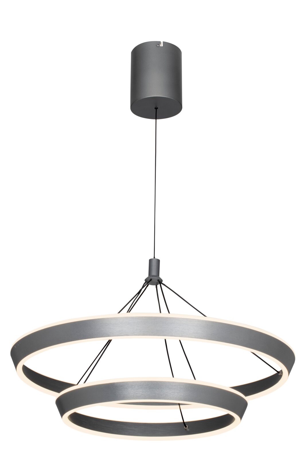 Moderne LED-Hängeleuchte mit zwei ringförmigen Leuchtelementen in Silber, seitliche Perspektive