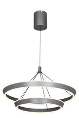 Moderne LED-Hängeleuchte mit zwei ringförmigen Leuchtelementen in Silber, seitliche Perspektive