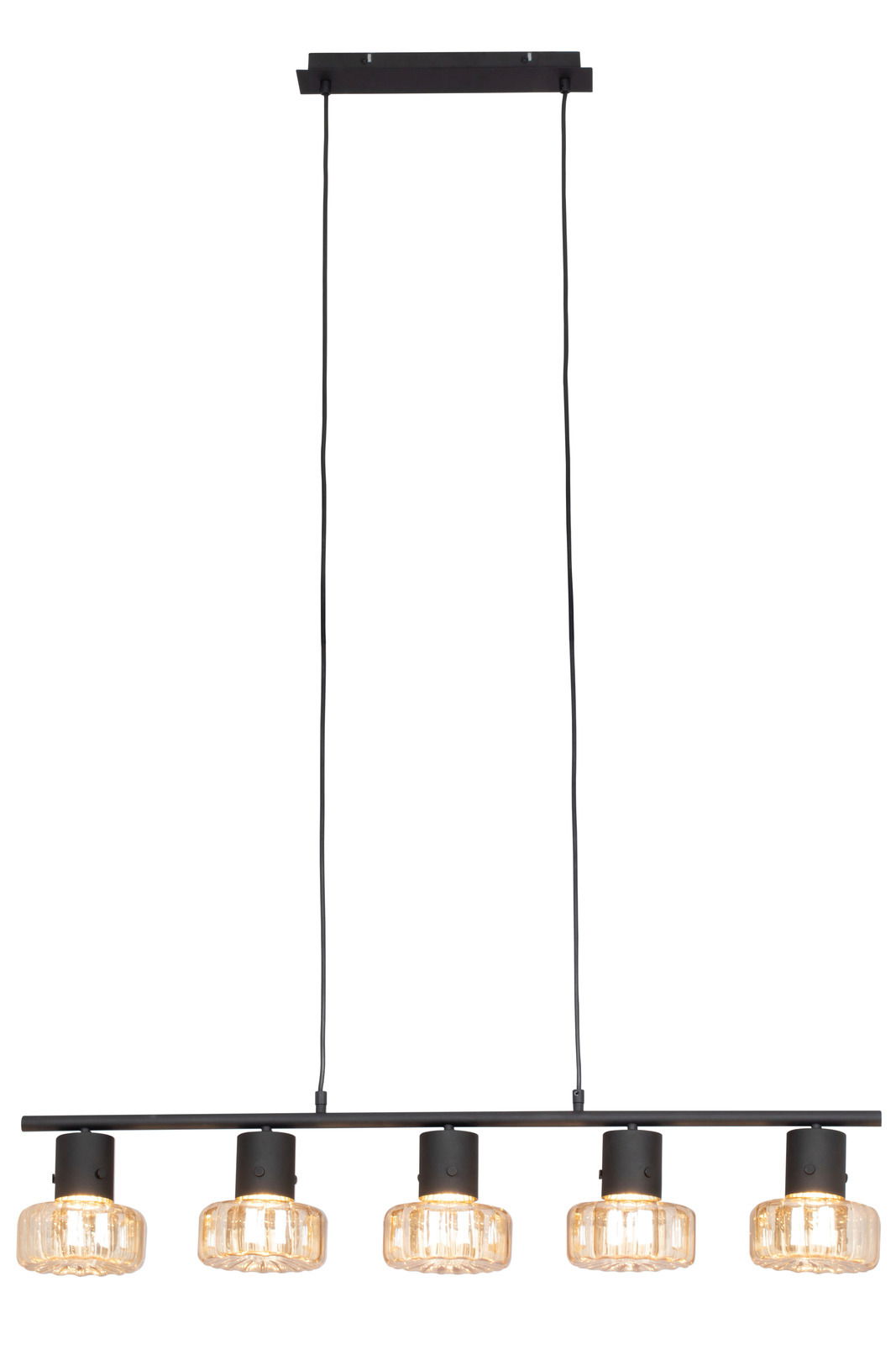 Moderne Hängeleuchte mit fünf Glühbirnen, schwarze Halterung und Glaslampenschirme, frontale Ansicht.