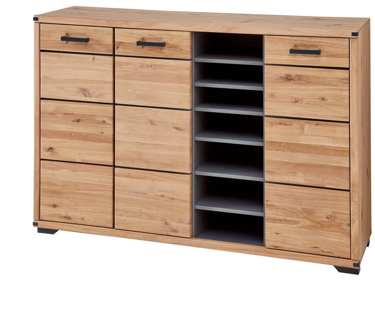 XL-Schuhschrank aus Holz mit mehreren Schubladen und offenen Regalfächern, frontal betrachtet.