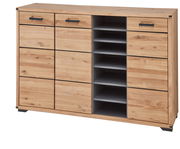 XL-Schuhschrank aus Holz mit mehreren Schubladen und offenen Regalfächern, frontal betrachtet.